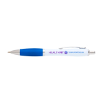 Caneta de plástico reciclado curva com pega, tinta preta cor azul pastel