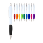Caneta de plástico reciclado curva com pega, tinta preta cor azul pastel segunda vista várias cores