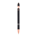 Caneta de alumínio reciclado detalhes rose gold, tinta azul cor preto segunda vista traseira