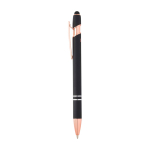 Caneta de alumínio reciclado detalhes rose gold, tinta azul cor preto vista lateral