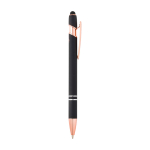 Caneta de alumínio reciclado detalhes rose gold, tinta azul cor preto segunda vista com lateral