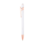 Caneta de alumínio reciclado detalhes rose gold, tinta azul cor branco vista lateral