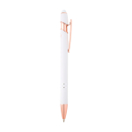 Caneta de alumínio reciclado detalhes rose gold, tinta azul cor branco segunda vista com lateral