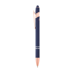 Caneta de alumínio reciclado detalhes rose gold, tinta azul cor azul-marinho vista lateral