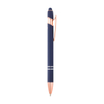 Caneta de alumínio reciclado detalhes rose gold, tinta azul cor azul-marinho segunda vista com lateral