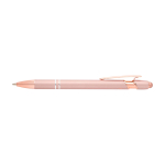Caneta de alumínio reciclado detalhes rose gold, tinta azul cor rosa pastel segunda vista frontal