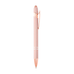 Caneta de alumínio reciclado detalhes rose gold, tinta azul cor rosa pastel segunda vista com lateral