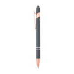 Caneta de alumínio reciclado detalhes rose gold, tinta azul cor cinzento topo vista lateral