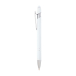 Caneta de alumínio reciclado com ponteira táctil, tinta azul cor branco vista lateral