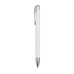 Caneta de alumínio reciclado com acabamento lacado, tinta azul cor branco vista lateral