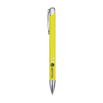 Caneta de alumínio reciclado com acabamento lacado, tinta azul cor amarelo segunda vista impressão com tampografia