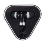 Auriculares simples com conector de áudio e estojo triangular cor preto segunda vista frontal