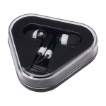 Auriculares simples com conector de áudio e estojo triangular cor preto