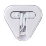Auriculares simples com conector de áudio e estojo triangular cor branco segunda vista frontal