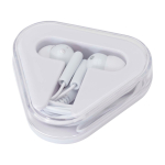 Auriculares simples com conector de áudio e estojo triangular cor branco