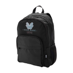 Mochila para portátil de poliéster reciclado com bolso para PC 15'' cor preto vista impressão transfer