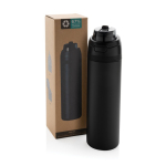 Garrafa de aço inoxidável reciclado de parede dupla de 700 ml cor preto vista com caixa