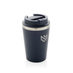 Copo térmico ecológico de parede dupla com tampa antigotas de 350 ml cor azul vista com logo