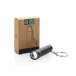 Porta-chaves lanterna de alumínio reciclado com LED e 15 lúmenes cor preto vista com caixa