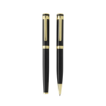 Conjunto de canetas de latão reciclado com detalhe dourado, tinta azul cor preto terceira vista