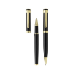 Conjunto de canetas de latão reciclado com detalhe dourado, tinta azul cor preto quarta vista