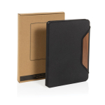 Porta-fólios de rPET e nogueira com papel creme, folhas A5 pautadas cor preto vista com caixa