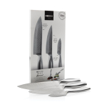 Conjunto de facas de cozinha de luxo de aço inoxidável Boska cor prateado brilhante vista com caixa