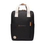 Mochila de viagem ecológica com compartimento lateral para garrafa cor preto vista com logo