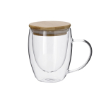 Copo de vidro de parede dupla com asa de vidro e tampa de bambu 300ml cor natural primeira vista