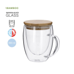 Copo de vidro de parede dupla com asa de vidro e tampa de bambu 300ml