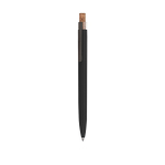 Caneta de alumínio reciclado com botão de cortiça, tinta azul cor preto primeira vista