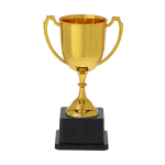 Típico troféu de cor dourada com 2 asas nas laterais e base preta cor dourado primeira vista