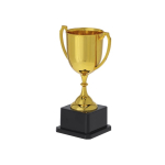 Típico troféu de cor dourada com 2 asas nas laterais e base preta