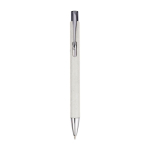 Caneta de botão de cartão reciclado, acabamento cromado, tinta preta cor branco primeira vista