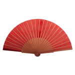 Leque personalizável de madeira escura e tecido de poliéster primeira vista