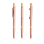 Caneta de alumínio reciclado com detalhes de bambu, tinta azul cor rosa ouro