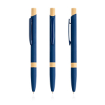 Caneta de alumínio reciclado com detalhes de bambu, tinta azul cor azul-marinho