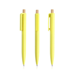 Caneta de plástico reciclado com botão de bambu, tinta azul cor amarelo