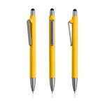 Caneta eco de plástico reutilizável e toque de borracha, tinta azul cor amarelo