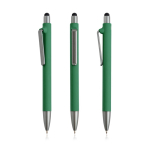 Caneta eco de plástico reutilizável e toque de borracha, tinta azul cor verde-escuro