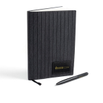 Caderno de couro sintético e caneta metálica, folhas A5 lisas