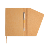 Caderno com capa tipo cortiça e fecho magnético, folhas A5 lisas