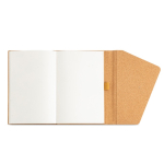 Caderno com capa tipo cortiça e fecho magnético, folhas A5 lisas