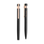 Conjunto de caneta e roller com detalhes em ouro rosa, tinta preta cor preto