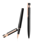 Conjunto de caneta e roller com detalhes em ouro rosa, tinta preta cor preto