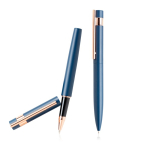Conjunto de caneta e roller com detalhes em ouro rosa, tinta preta cor azul-marinho