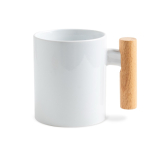 Caneca de cerâmica ideal para sublimação com pega de madeira 325 ml cor branco