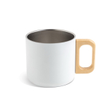 Caneca de aço inoxidável de parede dupla e asa de madeira 350 ml cor branco