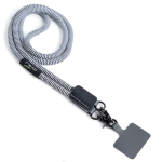 Cordão de rPET com suporte para levar o telemóvel e mosquetão duplo cor branco/preto