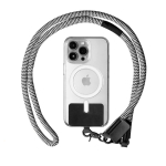 Cordão de rPET com suporte para levar o telemóvel e mosquetão duplo cor branco/preto